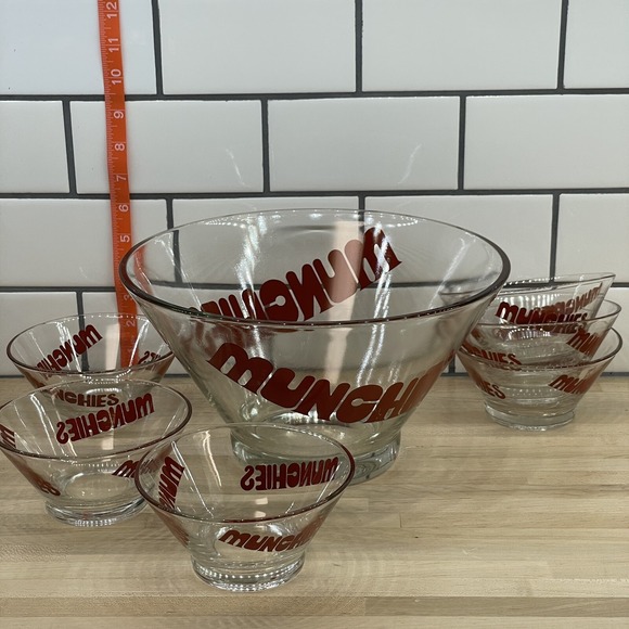 Other - Vintage Munchies Wheaton Glass Snack Bowl Set Red Typography Heavy Set of 7 *
